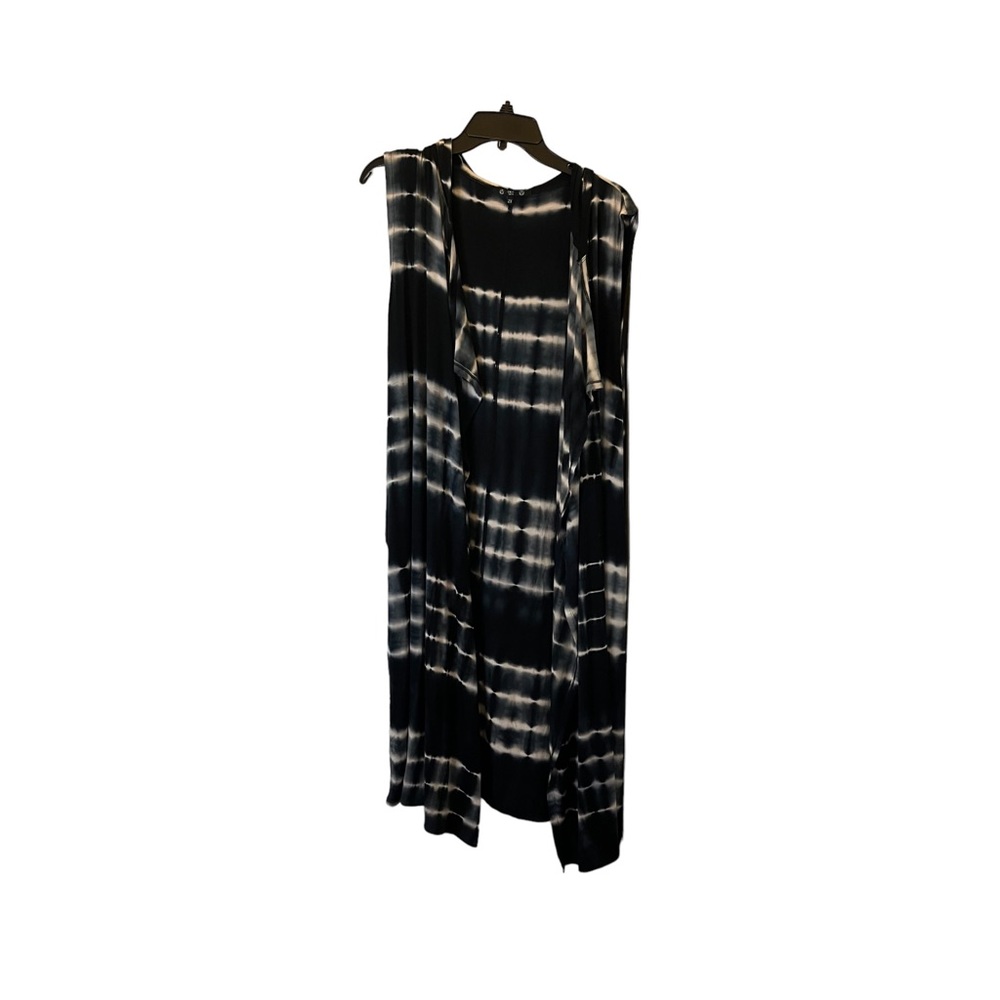 Coin 1904 Navy Blue White Tie Dye Striped Sleeveless Hooded Open Front Kimono